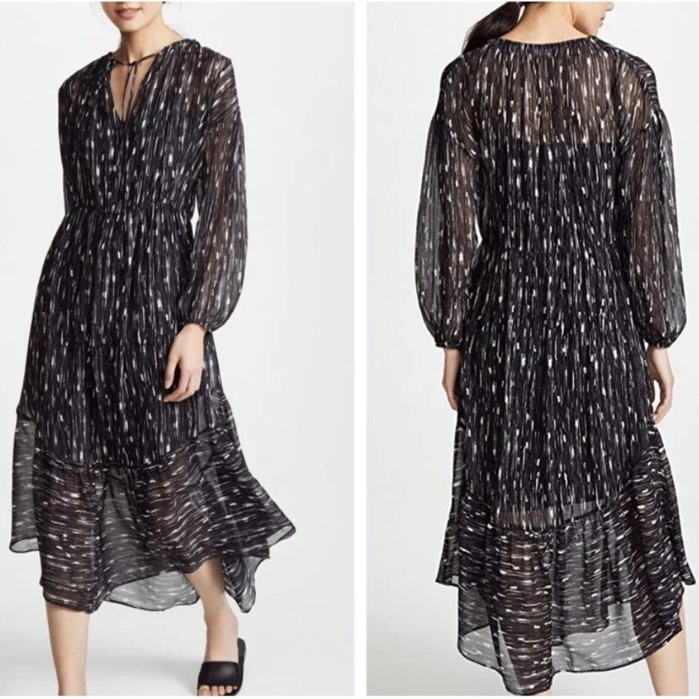 Vince Smocked Chiffon Sheer Abstract Silk Midi Dress sz S Boho Chic Cottagecore